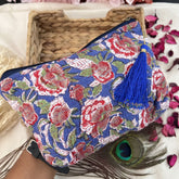 Vriksham Floral Cotton Pouch, Purse for Women with Zipper-Blue-G19045